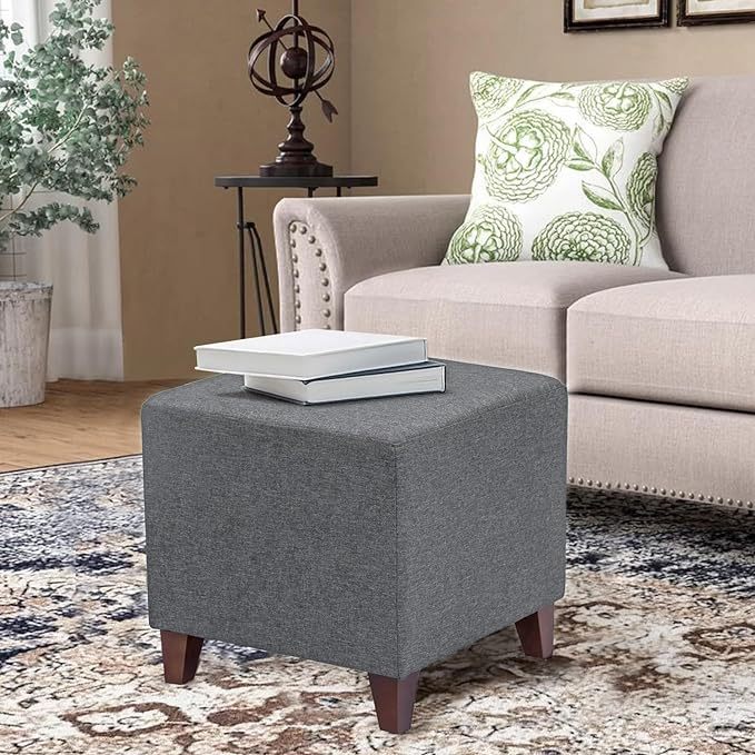 Square Ottoman Fabric Cube Foot Rest Stool with Wooden Legs