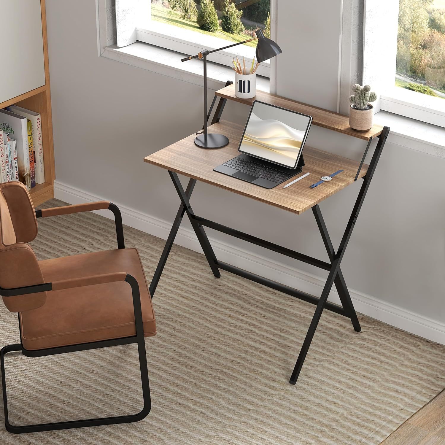 Small Folding Desk, 32 Inch Foldable Computer Desk with Monitor Shelf