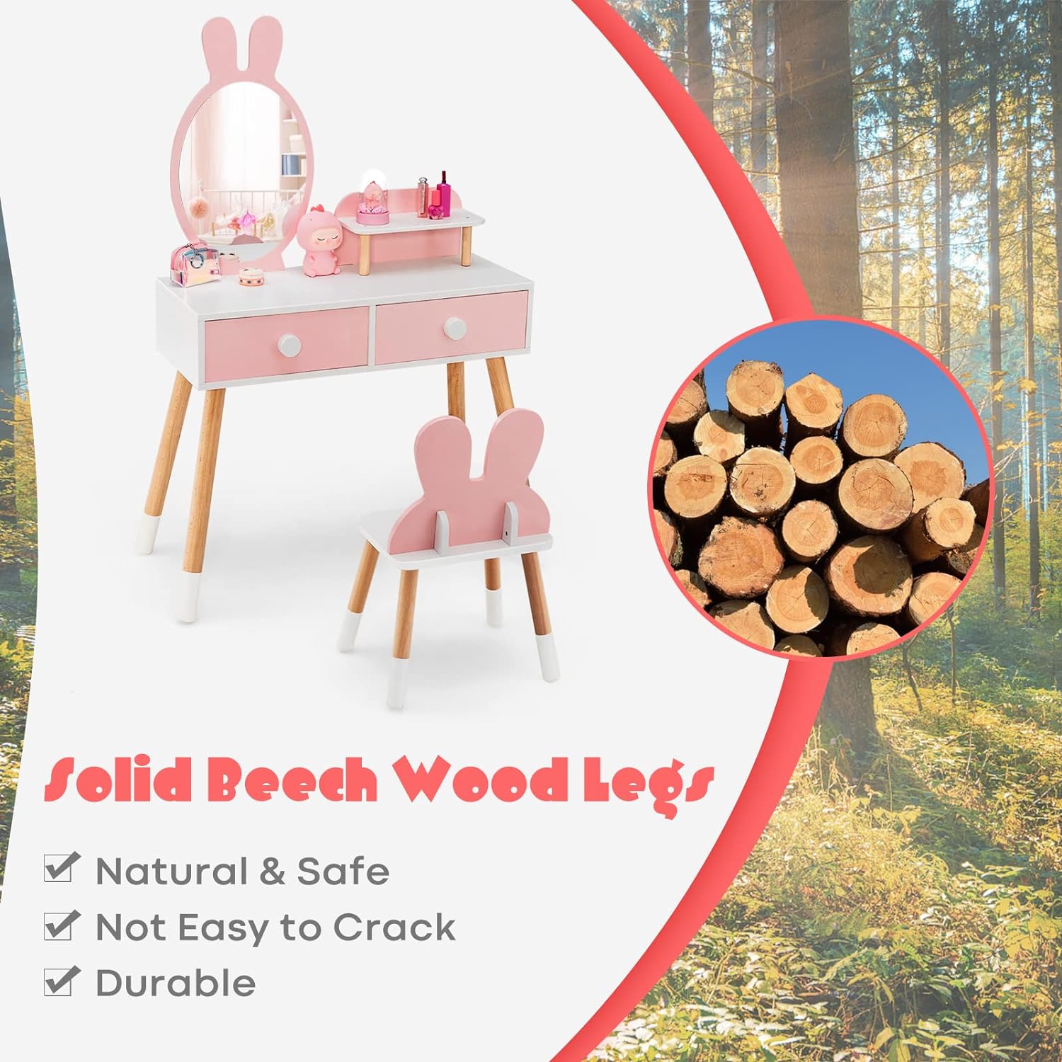 Rabbit Themed Toddler Wooden Makeup Table and Chair Set