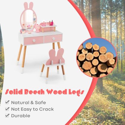 Rabbit Themed Toddler Wooden Makeup Table and Chair Set