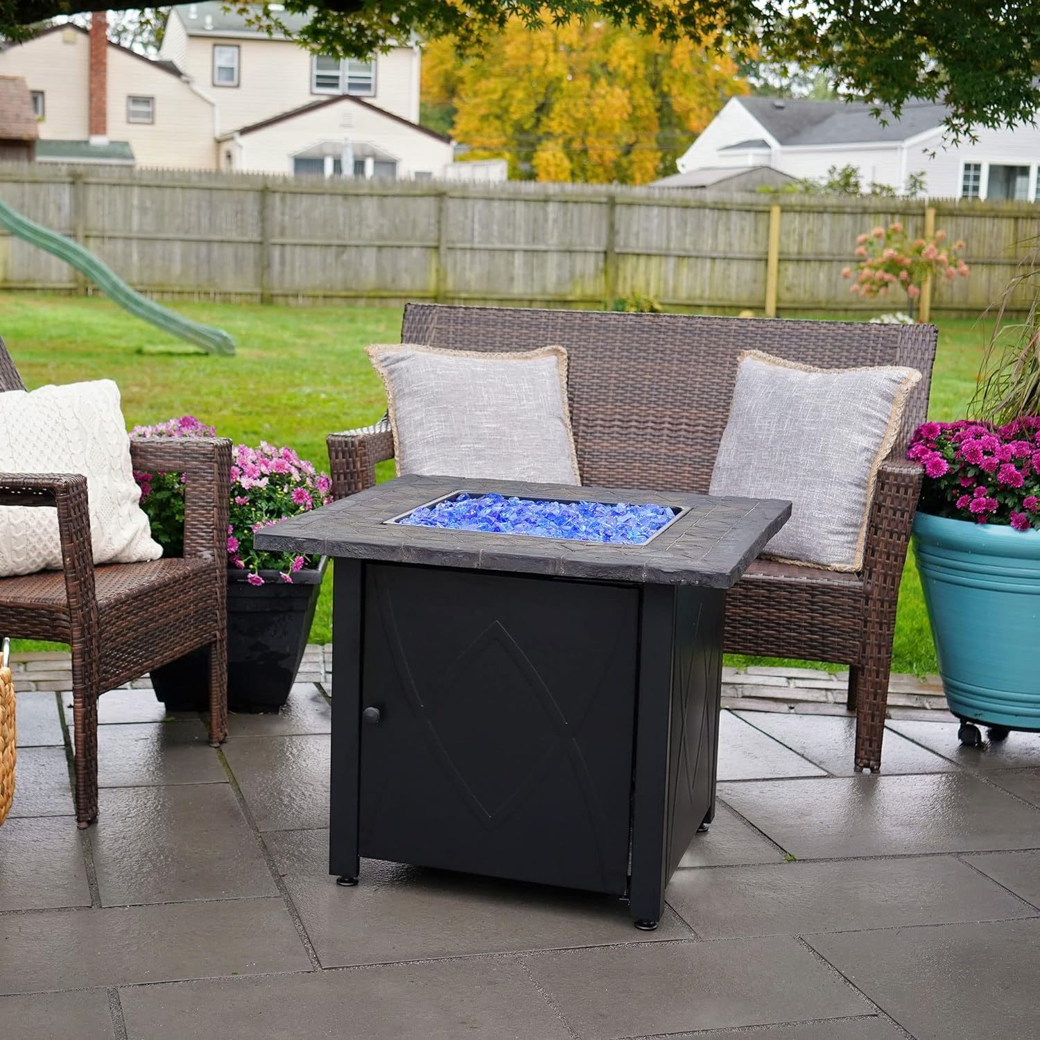 30 Inch Square 30,000 BTU Outdoor Propane Gas Patio Fire Table with Blue Fire Glass and Protective Cover