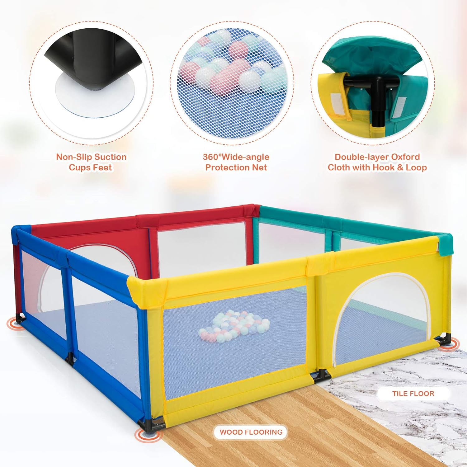 Extra Large Baby Gate Playpen w/ 50 Ocean Balls, No Gaps Infant Safety Gates