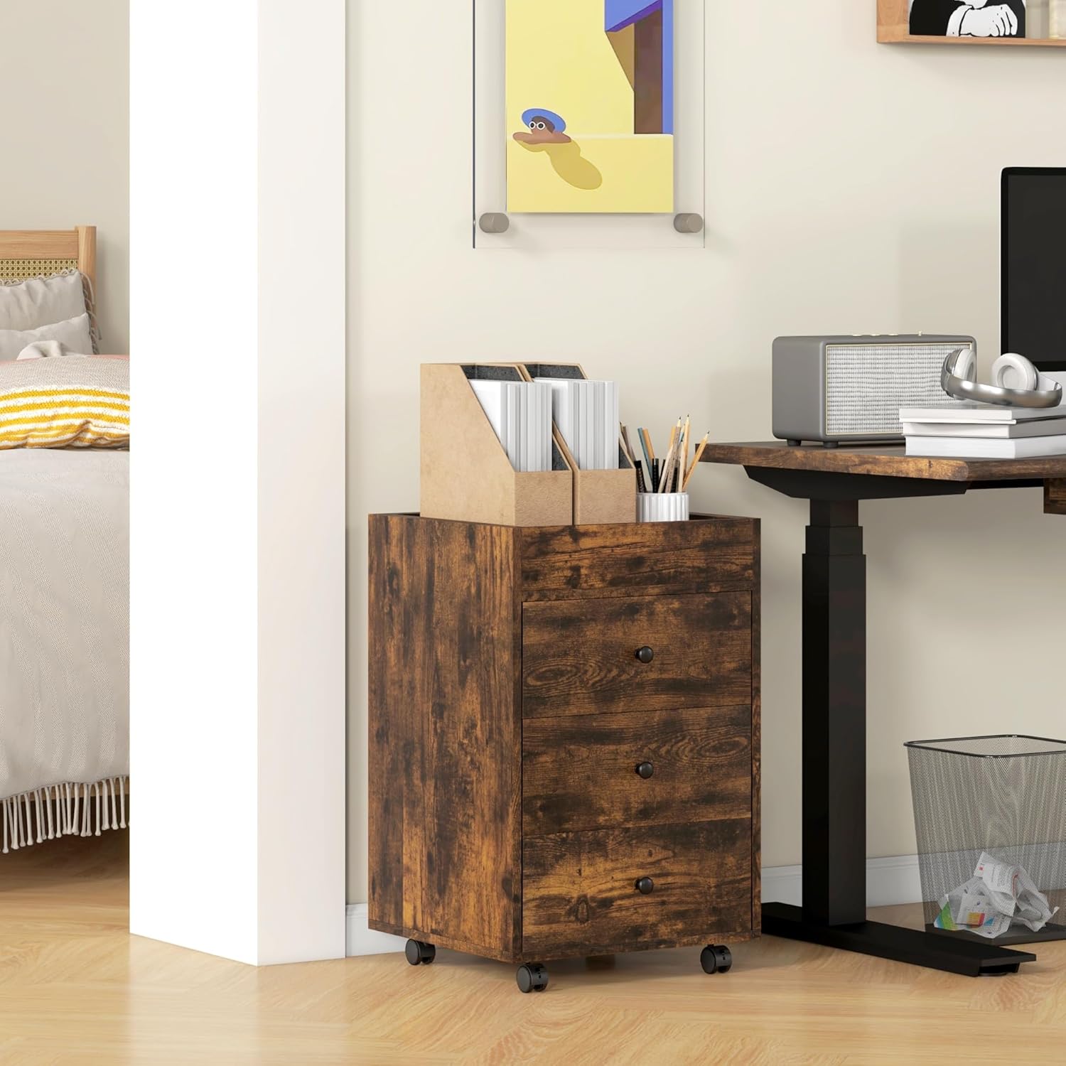 3 Drawer Home Office Storage Cabinet, Office Drawer on Wheels with Removable Tray