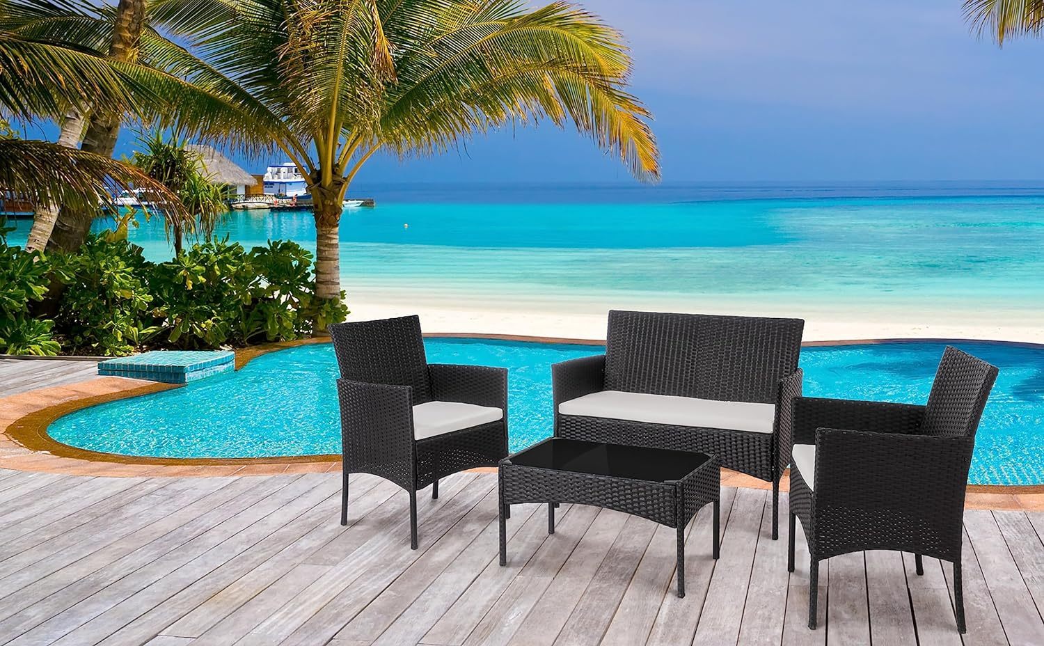 4 Piece Outdoor Patio Furniture Sets, Small Wicker Patio Conversation Furniture Rattan Chair Set