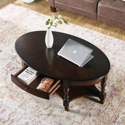 Oval Coffee Table for Living Room, 2-Tier Solid Wood Coffee Table