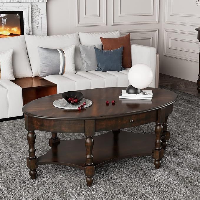 Oval Coffee Table for Living Room, 2-Tier Solid Wood Coffee Table