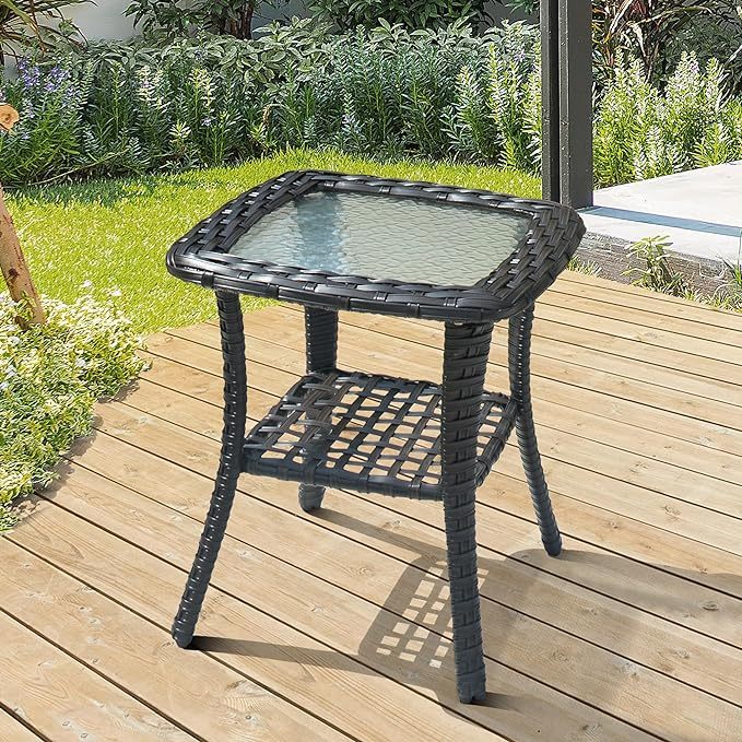 Patio Coffee Table Outdoor Rattan Wicker Side Table with Glass Top