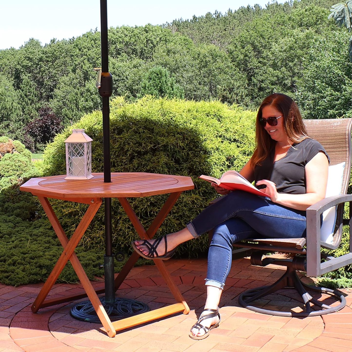 Wood Octagon Outdoor Folding Patio Table - Teak Oil Finish