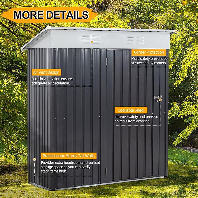 5x3 FT Outdoor Storage Shed, Waterproof Metal Garden Sheds with Lockable Single Door