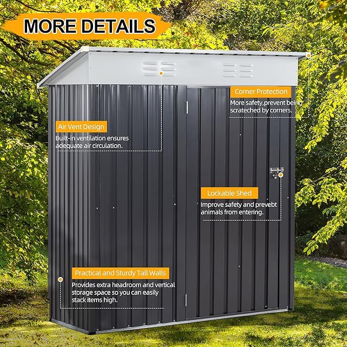 5x3 FT Outdoor Storage Shed, Waterproof Metal Garden Sheds with Lockable Single Door