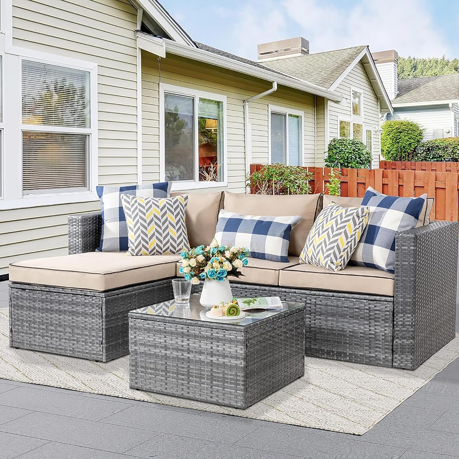 3 Pieces Outdoor Sectional Sofa Silver All-Weather Rattan Wicker Sofa Small Patio Conversation Couch