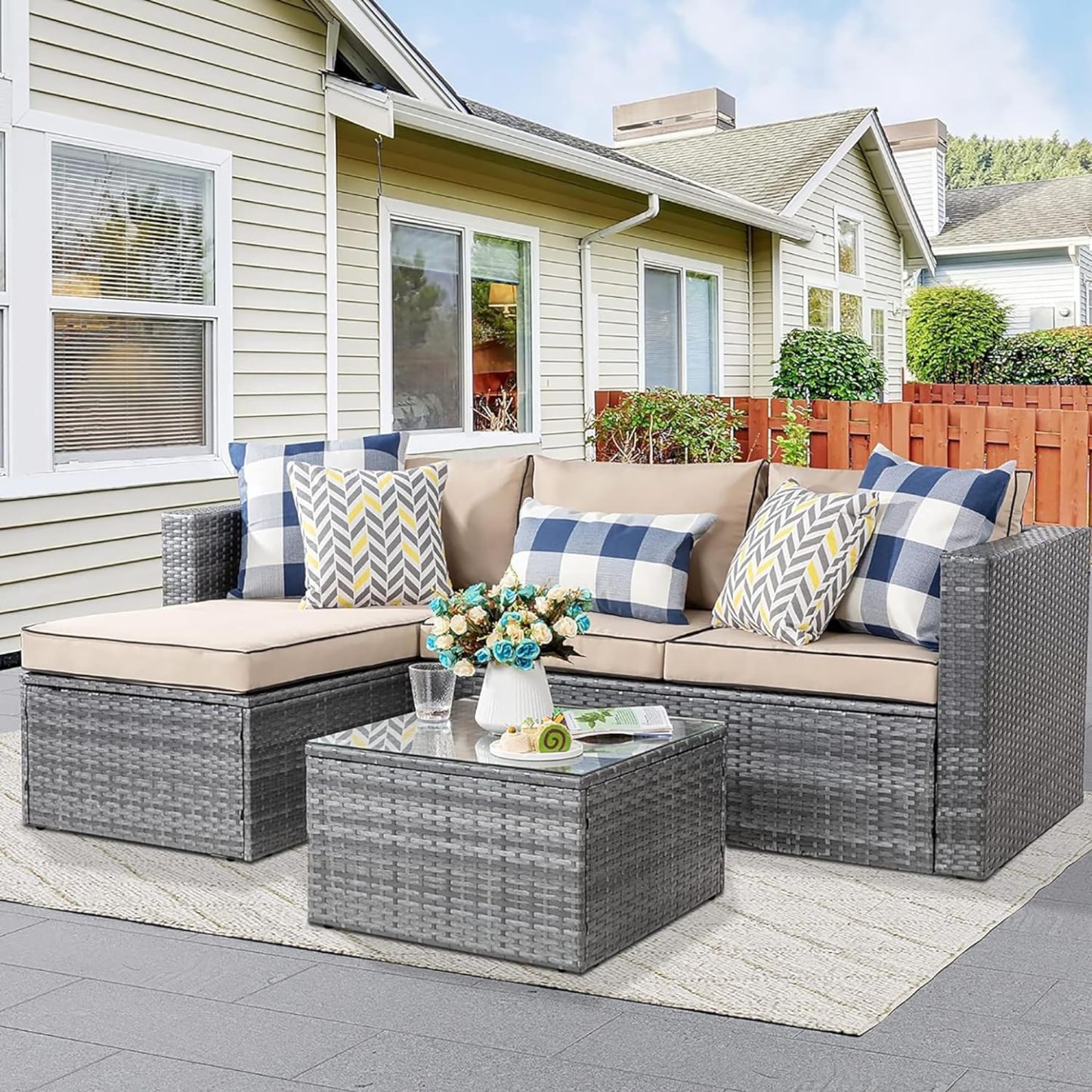 3 Pieces Outdoor Sectional Sofa Silver All-Weather Rattan Wicker Sofa Small Patio Conversation Couch