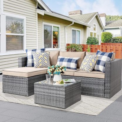 3 Pieces Outdoor Sectional Sofa Silver All-Weather Rattan Wicker Sofa Small Patio Conversation Couch