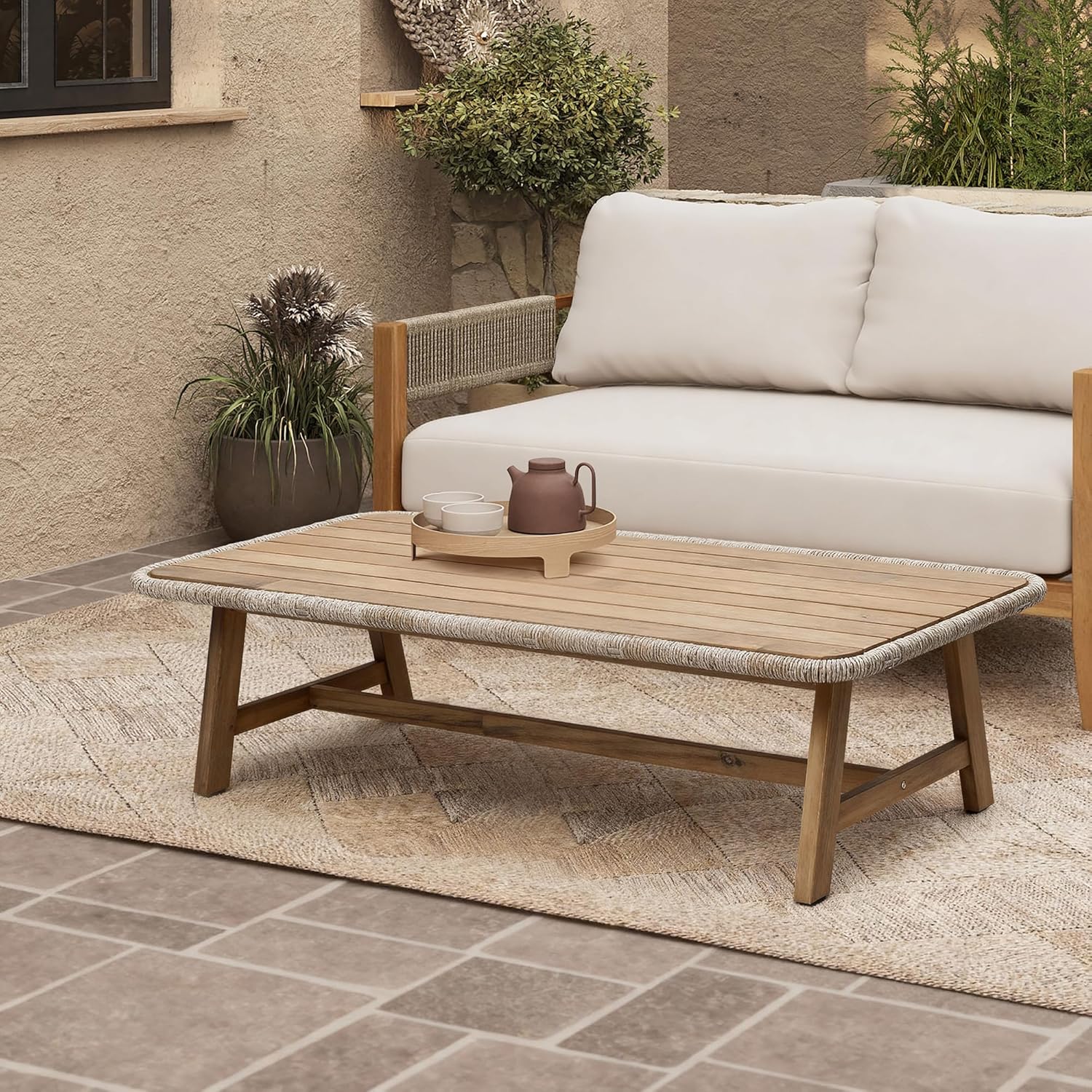 47" Outdoor Coffee Table for Patio, Acacia Wood Patio Table with Woven Trim