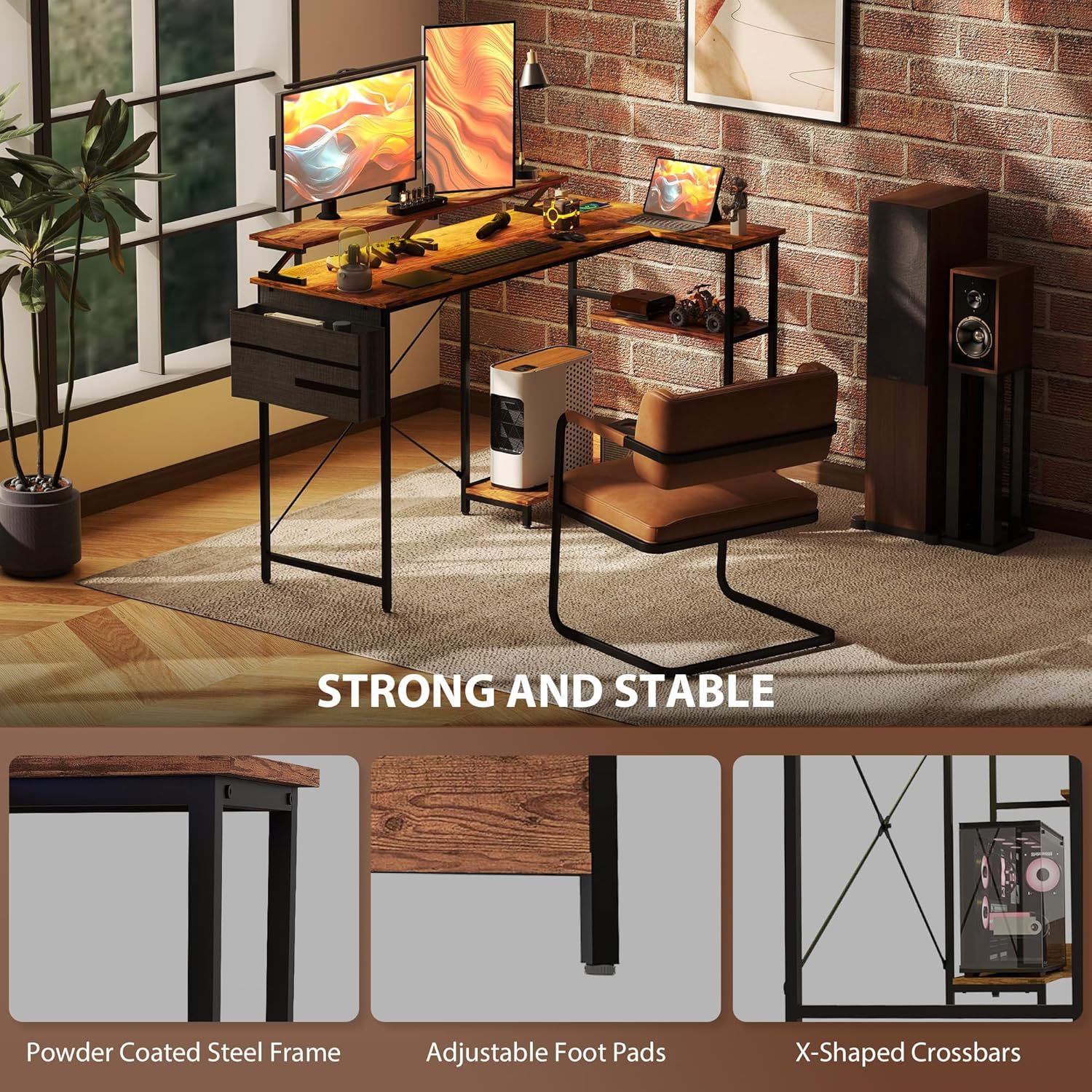 58" L Shaped Gaming Desk with Power Outlets and LED Lights, Reversible Computer Desk with Monitor Stand