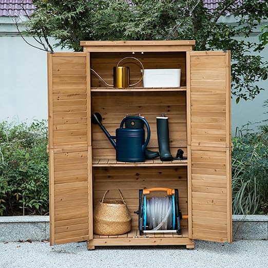 Outdoor Storage Cabinet with 3 Shelves, Wooden Garden Shed with Double Doors& Waterproof Roof, Outside Utility Tall Tool Organizer for Garden Farm Backyard