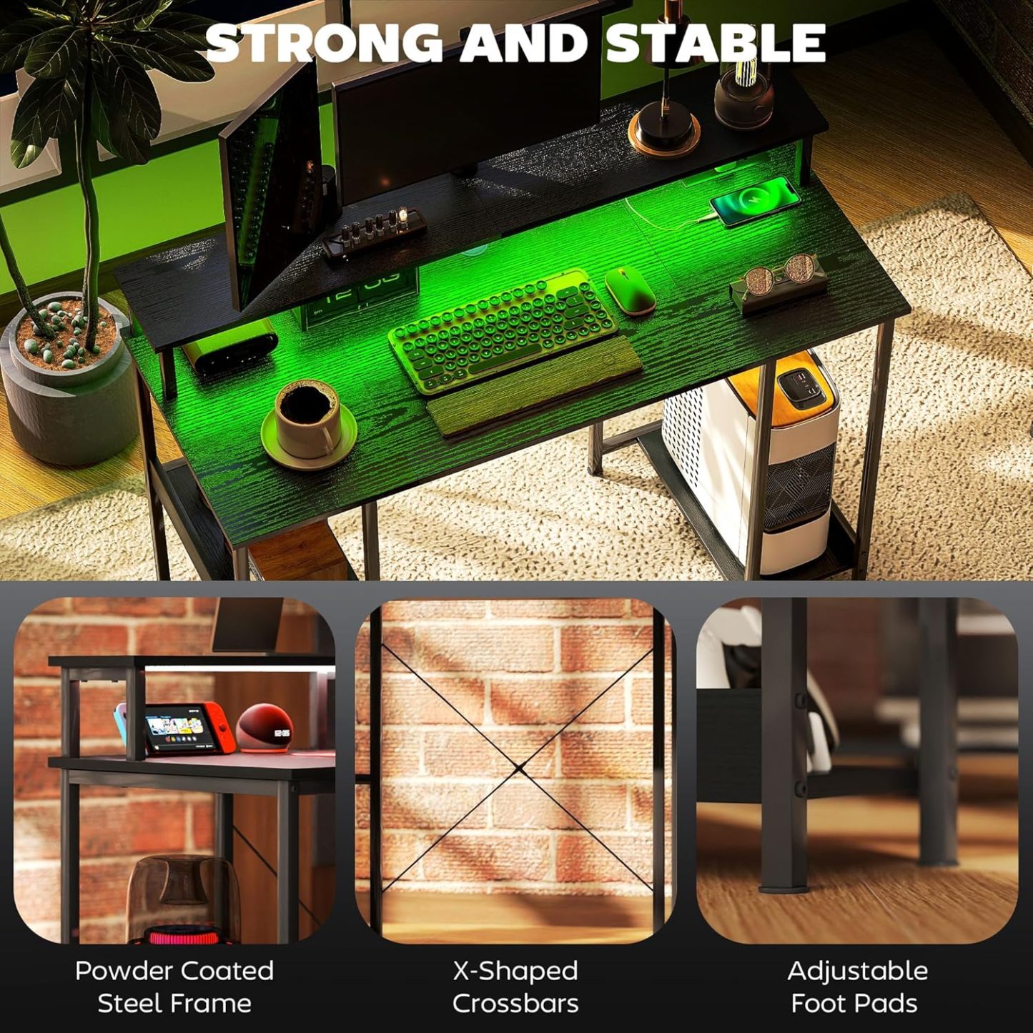 47" Gaming Desk with Power Outlets and LED Lights, Reversible Computer Desk with Monitor Stand and 2-Tier Storage Shelves