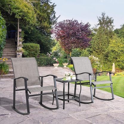 3 Piece Rocking Bistro Set, Outdoor Furniture with Rocker Chairs and Glass Coffee Table Set of 3