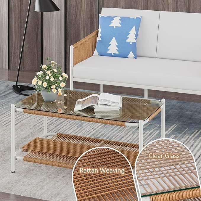 5 Piece Wicker Outdoor Patio Furniture Set, White Metal Sofa Conversation Set