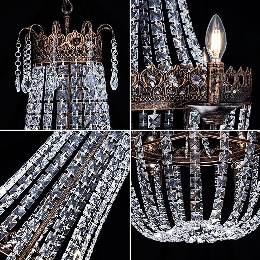French Empire Crystal Chandelier, 6-Light Farmhouse Antique Bronze Chandelier, Hanging Ceiling Mount Light Fixture for Dining Living Room, Bedroom, Bathroom, Kitchen Island, Hallway, 31.5" W