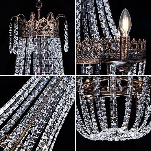 French Empire Crystal Chandelier, 6-Light Farmhouse Antique Bronze Chandelier, Hanging Ceiling Mount Light Fixture for Dining Living Room, Bedroom, Bathroom, Kitchen Island, Hallway, 31.5" W