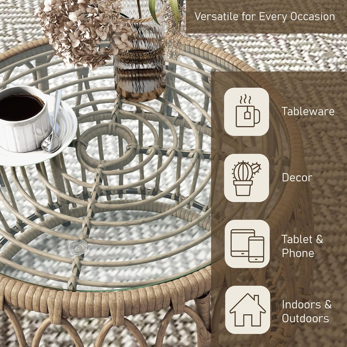 Boho Rattan Round Coffee Table Outdoor with 5mm Tempered Glass Top