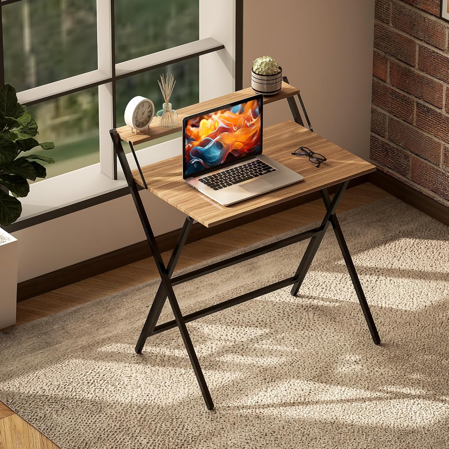 Small Folding Desk, 32 Inch Foldable Computer Desk with Monitor Shelf