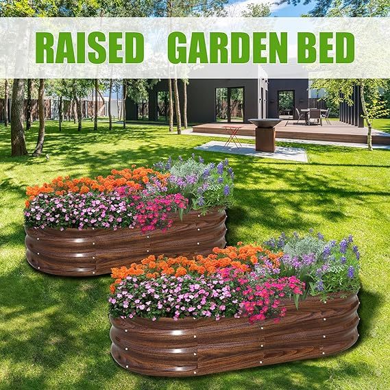 Galvanized Raised Garden Bed Outdoor, 2 Pcs 4x2x1ft Oval Metal Planter Box for Planting Plants Vegetables, Brown