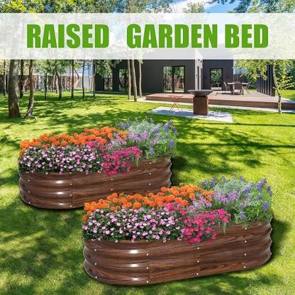 Galvanized Raised Garden Bed Outdoor, 2 Pcs 4x2x1ft Oval Metal Planter Box for Planting Plants Vegetables, Brown