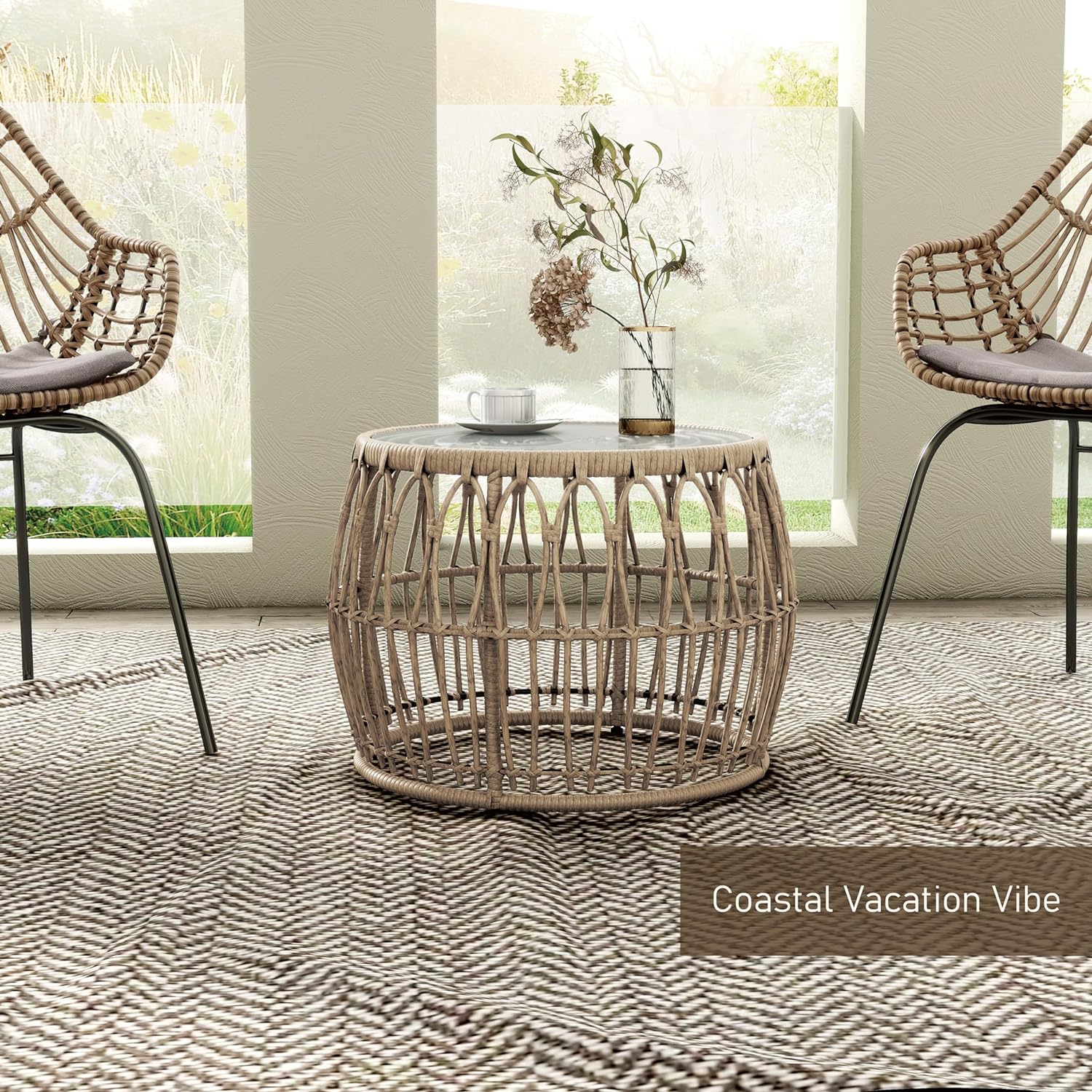 Boho Rattan Round Coffee Table Outdoor with 5mm Tempered Glass Top