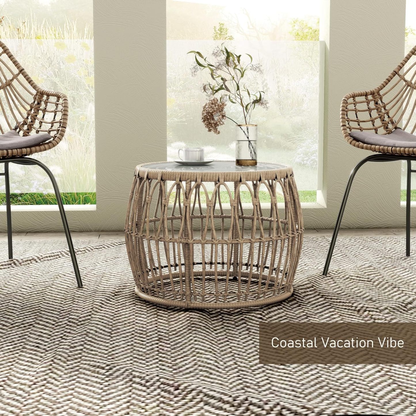 Boho Rattan Round Coffee Table Outdoor with 5mm Tempered Glass Top