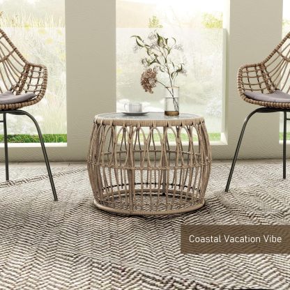 Boho Rattan Round Coffee Table Outdoor with 5mm Tempered Glass Top