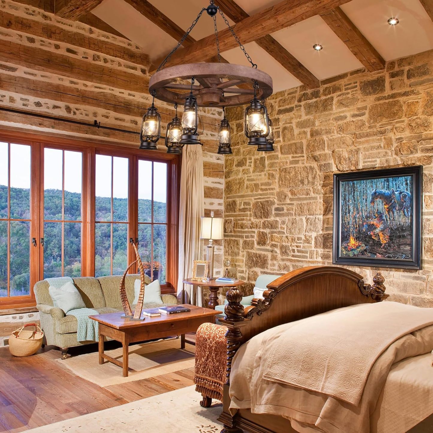 Western Wagon Wheel Chandelier with Antique Rustic Lanterns, Farmhouse Chandeliers for Dining Room