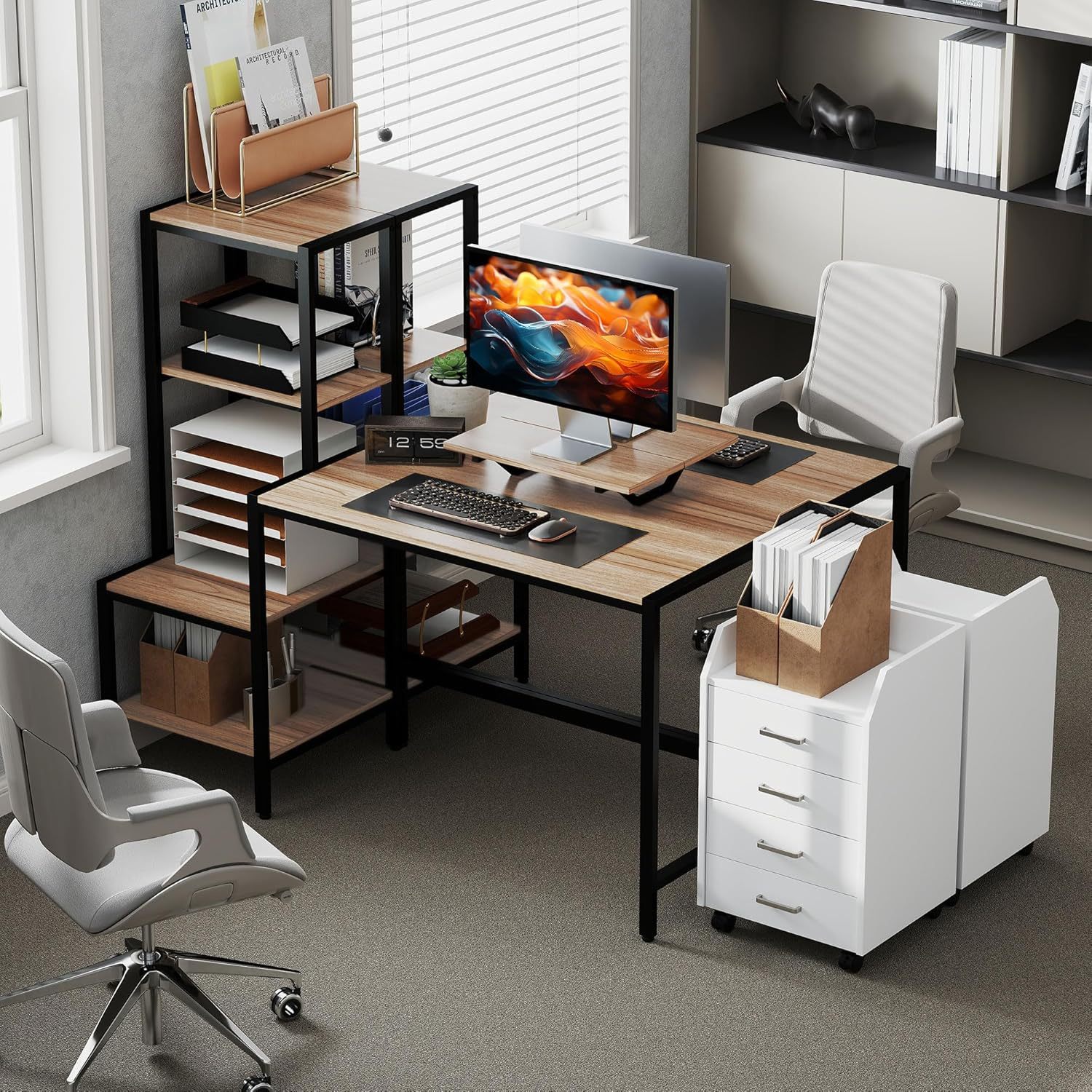 59" Gaming Desk, Reversible Computer Desk with Monitor Stand and 4-Tier Storage Shelves