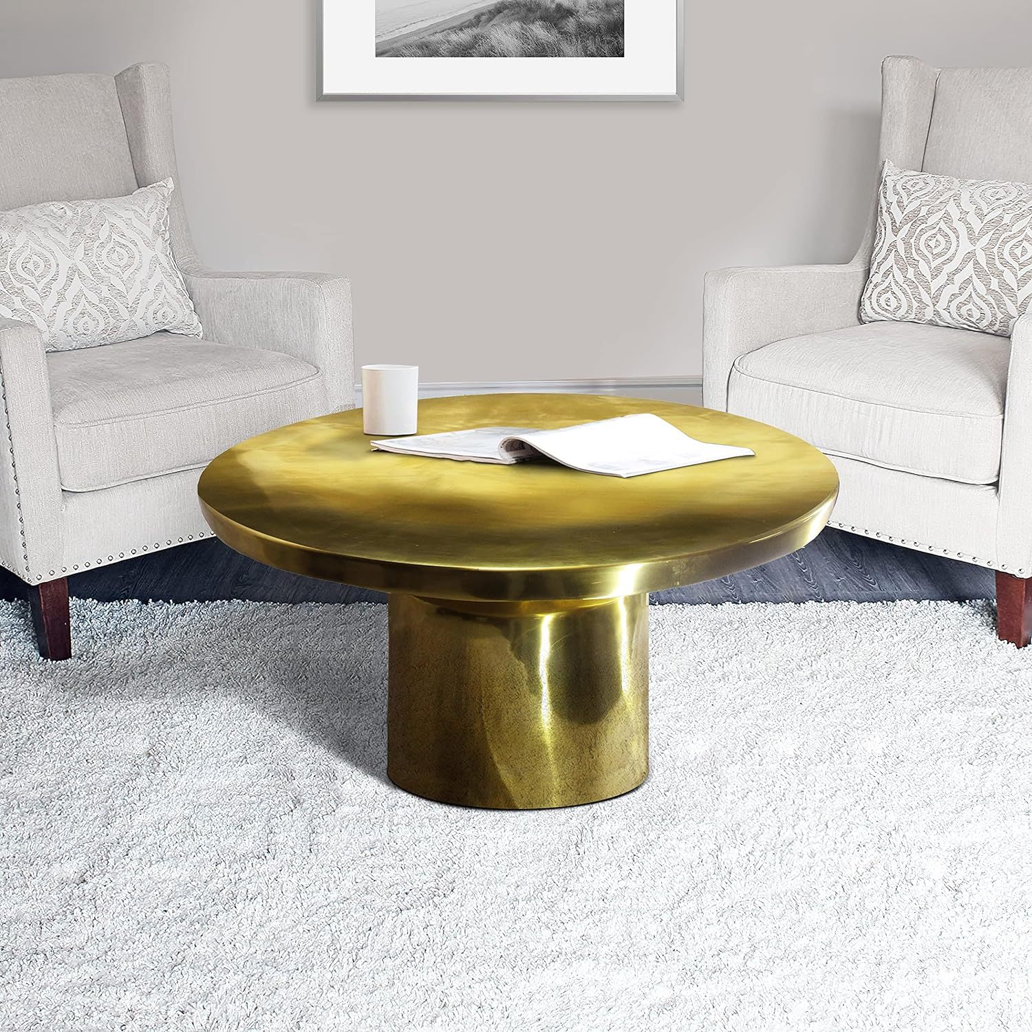 31-Inch Modern Classic Round Metal Coffee Table with Pedestal Base