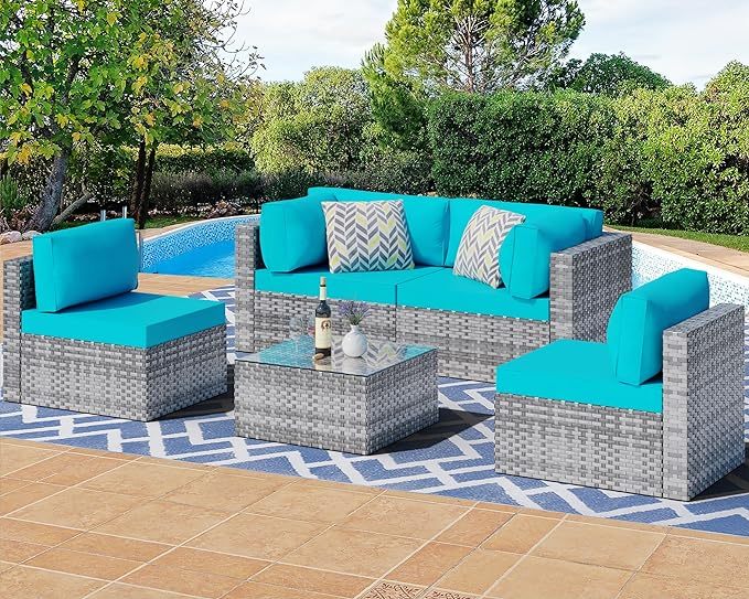 5 Pieces Outdoor Patio Sectional Sofa Couch, Silver Gray PE Wicker Furniture Conversation Set