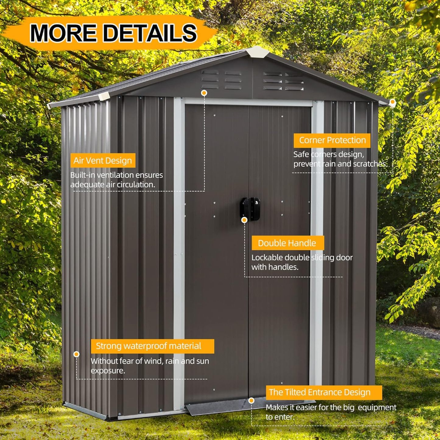 5x3 FT Outdoor Storage Shed, Waterproof Metal Garden Sheds with Lockable Double Door