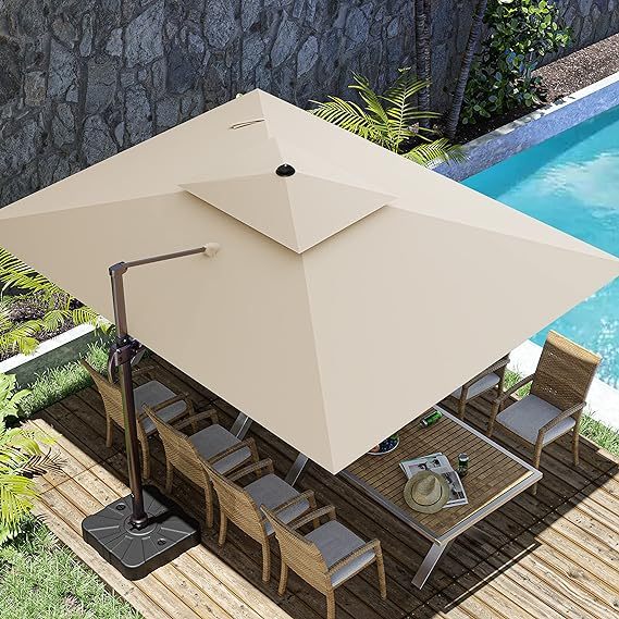 10x13FT Cantilever Outdoor Patio Umbrellas, Double Top Large Rectangle Umbrella, Heavy Duty 360° Rotation Offset Outdoor Sun Shade Umbrella for Garden Deck Pool Backyard Patio, Beige