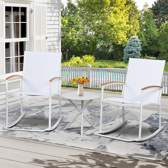 3 Piece Outdoor Rocking Bistro Set, Textilene Fabric Small Outdoor Furniture