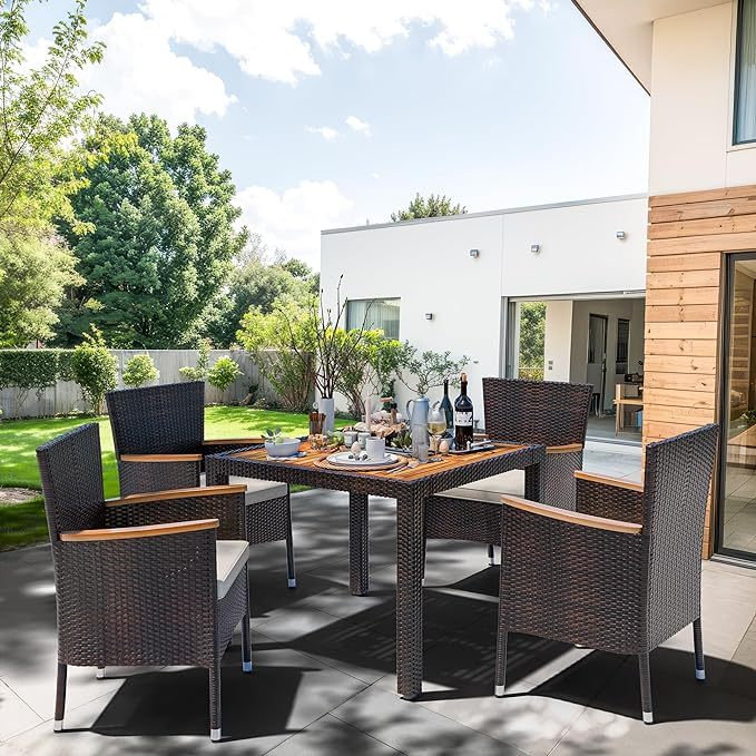 5 Piece Patio Dining Set, Wicker Patio Conversation Set with Wood Table Top