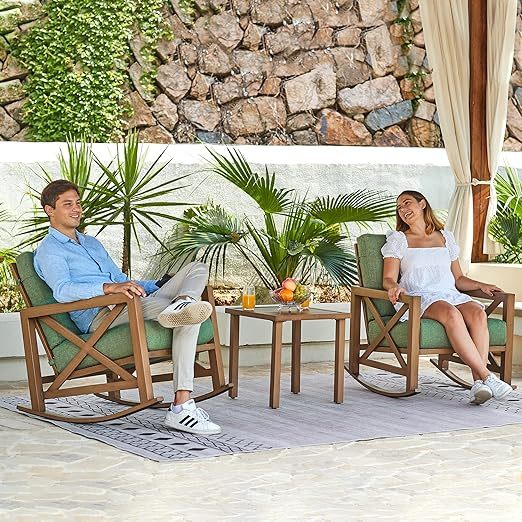 Rocking Bistro Set, 3 Piece Outdoor Patio Conversation Furniture Set with 2 Rockers and 1 Metal Coffee Table with Thick Cushions