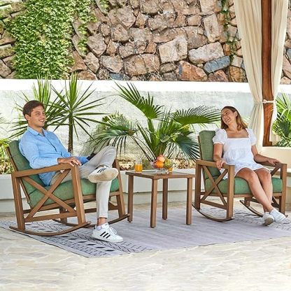 Rocking Bistro Set, 3 Piece Outdoor Patio Conversation Furniture Set with 2 Rockers and 1 Metal Coffee Table with Thick Cushions