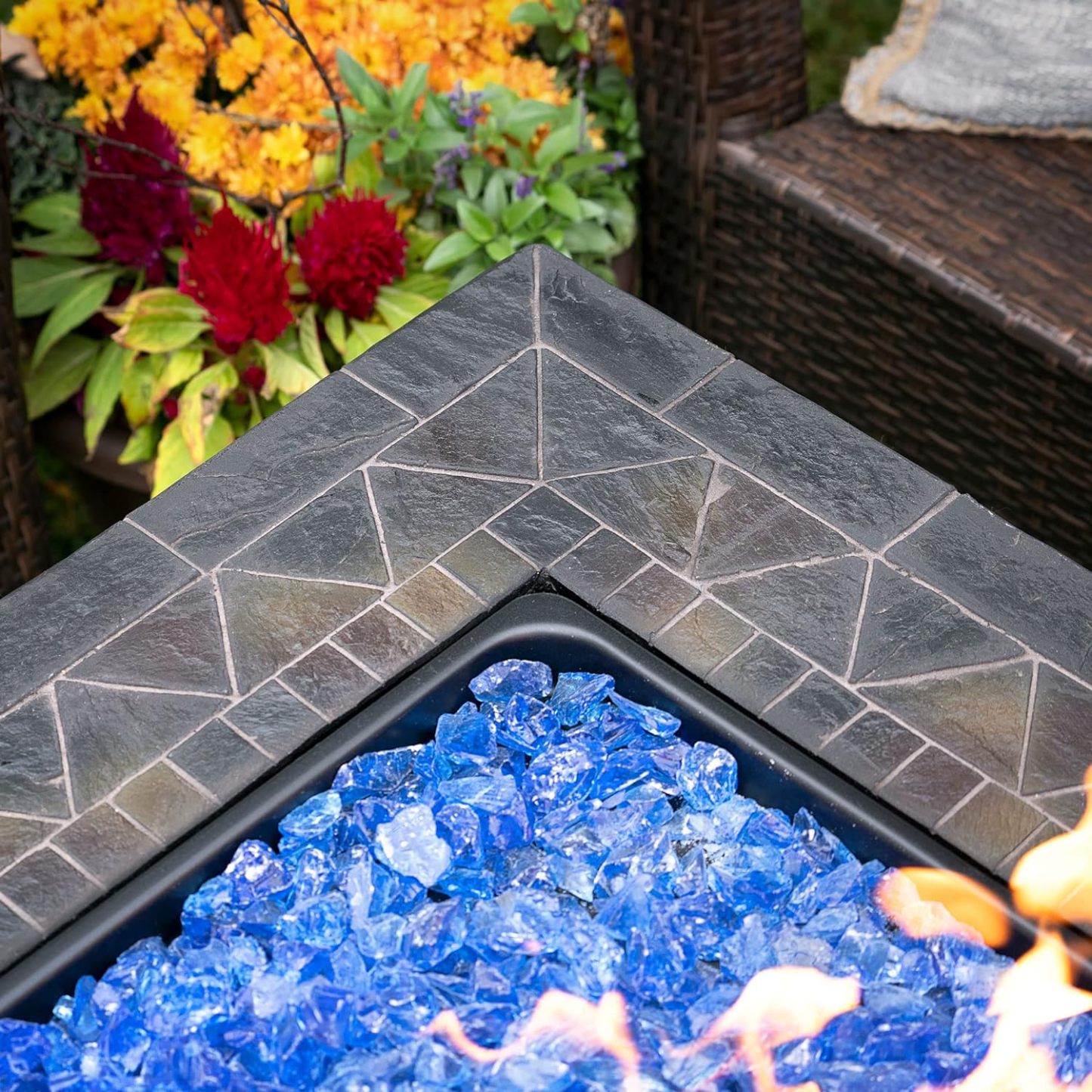 30 Inch Square 30,000 BTU Outdoor Propane Gas Patio Fire Table with Blue Fire Glass and Protective Cover