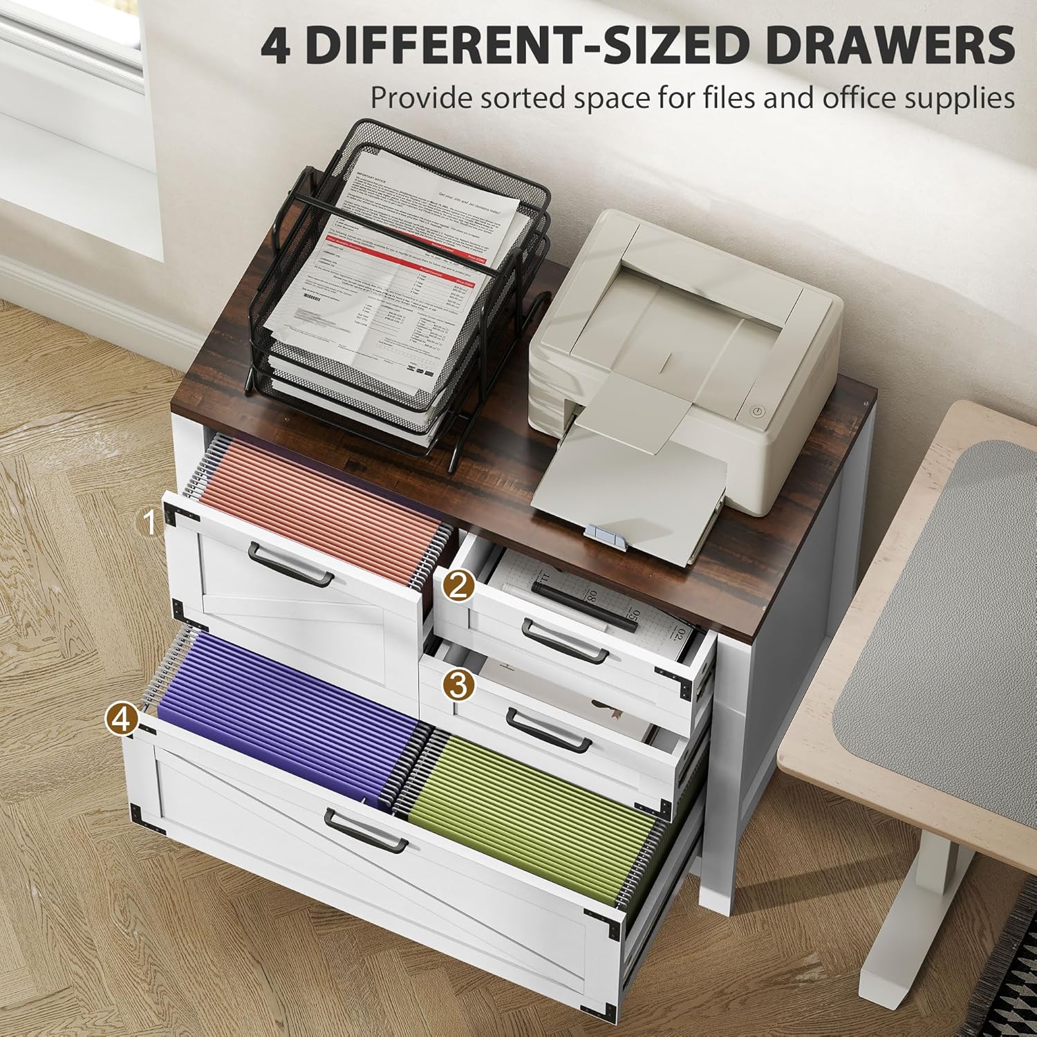 4 Drawer File Cabinet, Farmhouse Lateral Filing Cabinet with Adjustable Hanging Rails for Letter/A4/Legal Size Files