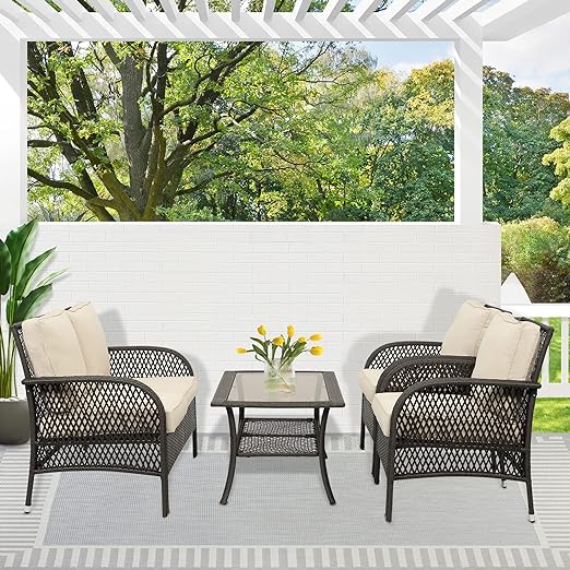 Patio Conversation Sets, 4 Pieces Patio Bistro Set with Coffee Table and Thick Cushions, All Weather Contemporary Grey Rattan Chair, Outdoor Furniture Set