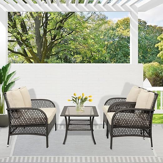 Patio Conversation Sets, 4 Pieces Patio Bistro Set with Coffee Table and Thick Cushions, All Weather Contemporary Grey Rattan Chair, Outdoor Furniture Set