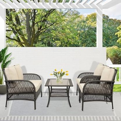 Patio Conversation Sets, 4 Pieces Patio Bistro Set with Coffee Table and Thick Cushions, All Weather Contemporary Grey Rattan Chair, Outdoor Furniture Set