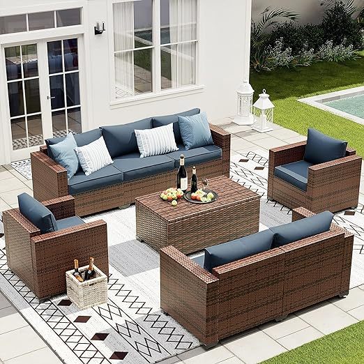 Wide Armrest Outdoor Patio Furniture Set, 5 Piece Patio Sectional Sofa with Storage Table for Backyard, Porch, Balcony, Poolside(Navy Blue)