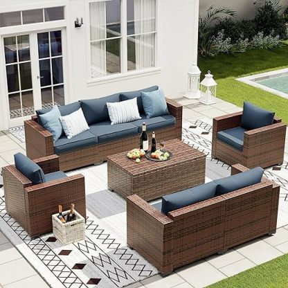 Wide Armrest Outdoor Patio Furniture Set, 5 Piece Patio Sectional Sofa with Storage Table for Backyard, Porch, Balcony, Poolside(Navy Blue)