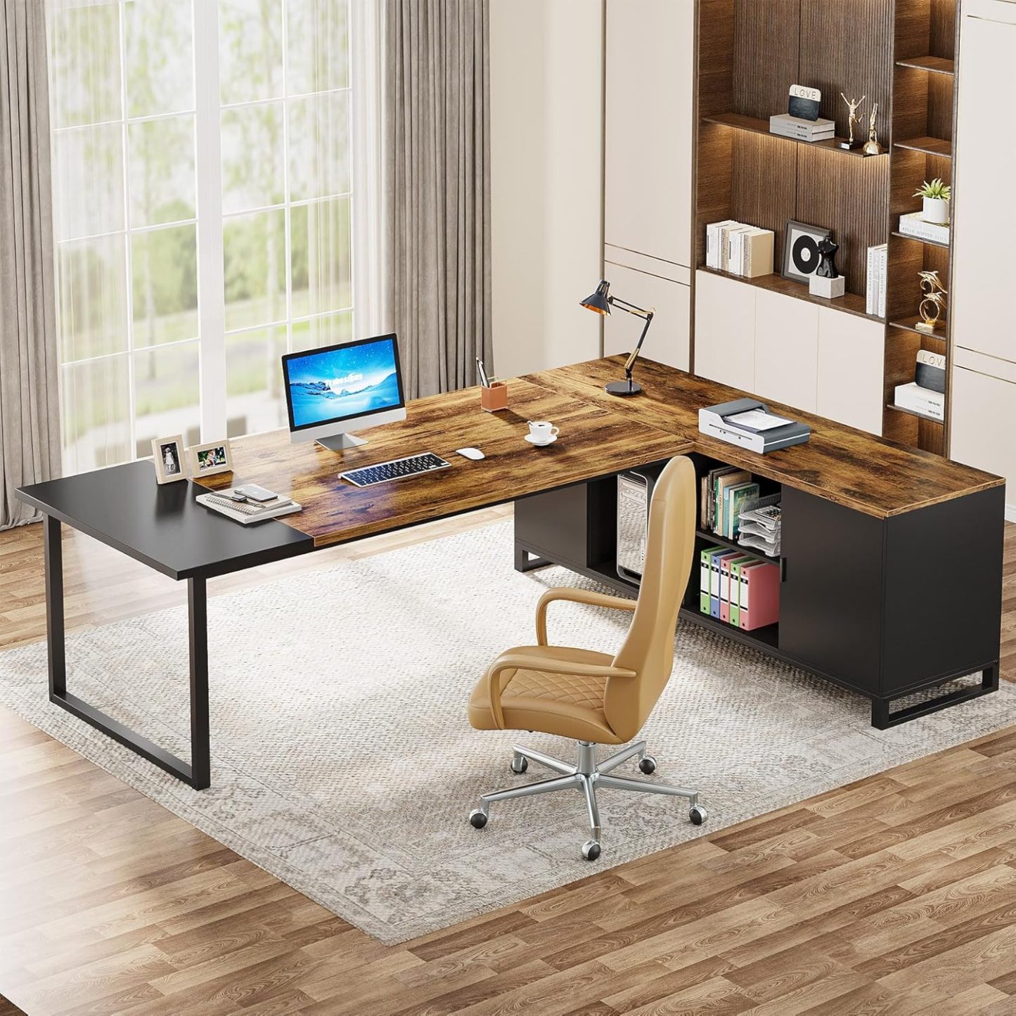70.8" L-Shaped Executive Desk with 55" File Cabinet, Large Home Office Computer Desk with Storage Shelves and Cabinet